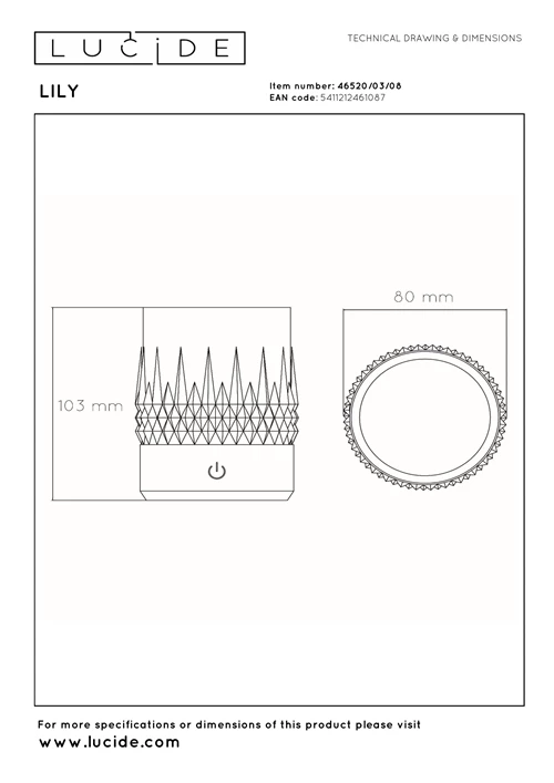 Lucide LILY - Rechargeable Table lamp - Battery pack - Ø 8 cm- LED 3 StepDim - 1x3W 2700K/3000K - Gun Metal - Set of 3 - technical